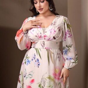 Toleen Plus Size‎ Floral Maxis Dress - 4X, V-Neck, Lantern Sleeve, Chiffon